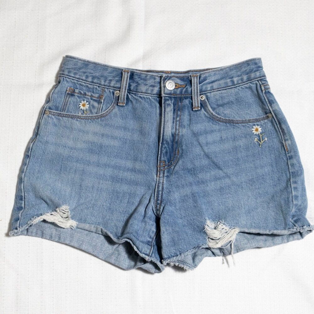 Old Navy Girls Denim Shorts Size 12 Blue Distressed Raw Hem Daisy Embroidered